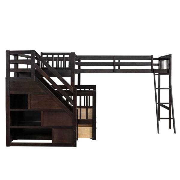 English Elm Twin Over Full L-shaped Bunk Bed with Staircase Storage Drawers and Guardrail Espresso LT000810AAP-1