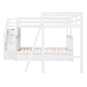 English Elm Twin Over Full L-shaped Bunk Bed with Staircase Storage Drawers and Guardrail White LT000810AAK-1