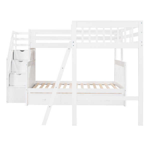 English Elm Twin Over Full L-shaped Bunk Bed with Staircase Storage Drawers and Guardrail White LT000810AAK-1