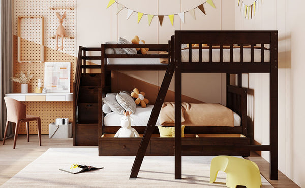 English Elm Twin Over Full L-shaped Bunk Bed with Staircase Storage Drawers and Guardrail Espresso LT000810AAP-1