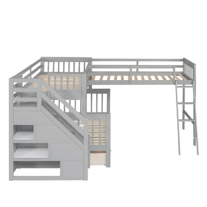 English Elm Twin Over Full L-shaped Bunk Bed with Staircase Storage Drawers and Guardrail Gray LT000810AAE-1