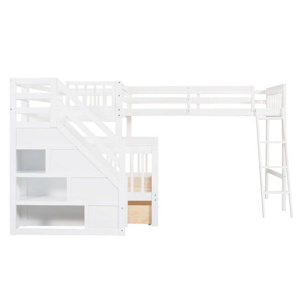 English Elm Twin Over Full L-shaped Bunk Bed with Staircase Storage Drawers and Guardrail White LT000810AAK-1