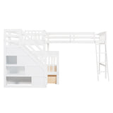 Hearth and Haven Twin over Full L-Shaped Bunk Bed with 3 Drawers, Ladder and Storage Staircase, White LT000810AAK