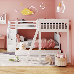 English Elm Twin Over Full L-shaped Bunk Bed with Staircase Storage Drawers and Guardrail White LT000810AAK-1