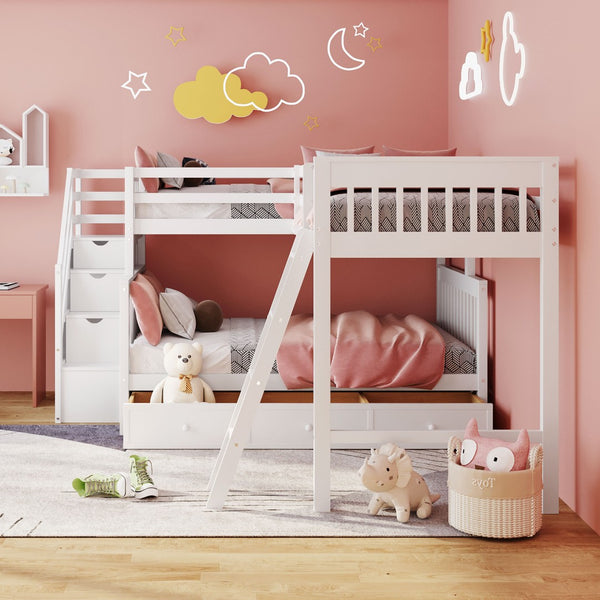 English Elm Twin Over Full L-shaped Bunk Bed with Staircase Storage Drawers and Guardrail White LT000810AAK-1