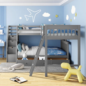English Elm Twin Over Full L-shaped Bunk Bed with Staircase Storage Drawers and Guardrail Gray LT000810AAE-1