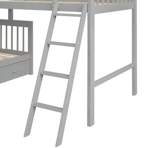 English Elm Twin Over Full L-shaped Bunk Bed with Staircase Storage Drawers and Guardrail Gray LT000810AAE-1