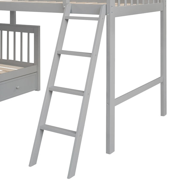 English Elm Twin Over Full L-shaped Bunk Bed with Staircase Storage Drawers and Guardrail Gray LT000810AAE-1