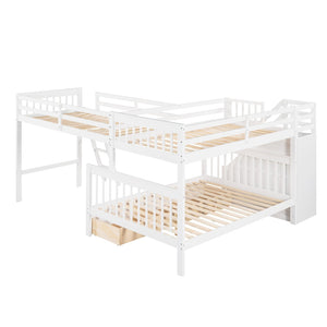 English Elm Twin Over Full L-shaped Bunk Bed with Staircase Storage Drawers and Guardrail White LT000810AAK-1