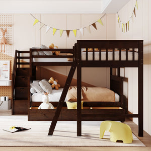 English Elm Twin Over Full L-shaped Bunk Bed with Staircase Storage Drawers and Guardrail Espresso LT000810AAP-1