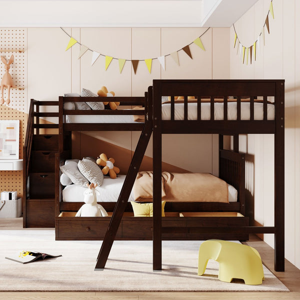 English Elm Twin Over Full L-shaped Bunk Bed with Staircase Storage Drawers and Guardrail Espresso LT000810AAP-1