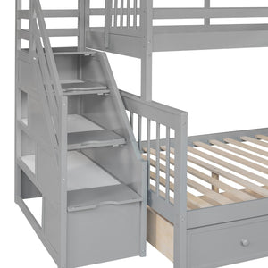 English Elm Twin Over Full L-shaped Bunk Bed with Staircase Storage Drawers and Guardrail Gray LT000810AAE-1