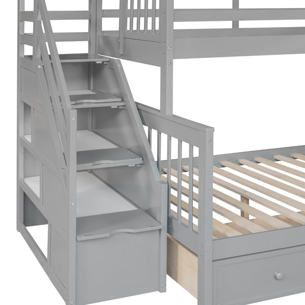 English Elm Twin Over Full L-shaped Bunk Bed with Staircase Storage Drawers and Guardrail Gray LT000810AAE-1