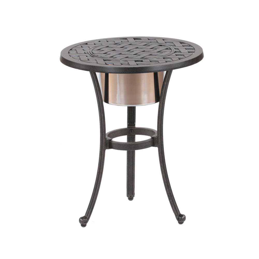 English Elm 21" Round Aluminum Bistro Table Antique Bronze — Lattice Design, Weather-Resistant, Portable w/ Ice Bucket B010S00121