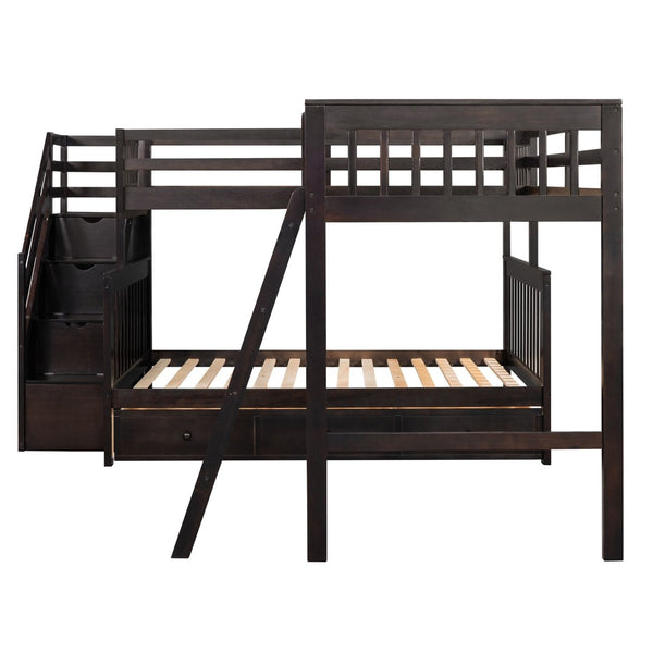 English Elm Twin Over Full L-shaped Bunk Bed with Staircase Storage Drawers and Guardrail Espresso LT000810AAP-1