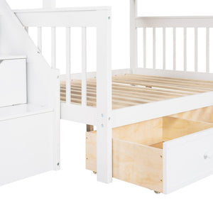 English Elm Twin Over Full L-shaped Bunk Bed with Staircase Storage Drawers and Guardrail White LT000810AAK-1