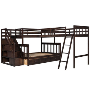 English Elm Twin Over Full L-shaped Bunk Bed with Staircase Storage Drawers and Guardrail Espresso LT000810AAP-1