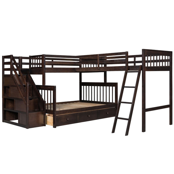 English Elm Twin Over Full L-shaped Bunk Bed with Staircase Storage Drawers and Guardrail Espresso LT000810AAP-1