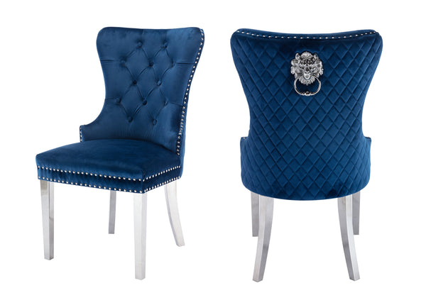 English Elm Simba Velvet Upholstered Dining Chair Set of 2 — Tufted Quilted Blue Fabric, Lion Ring Accent, Nailhead Trim 808857819758