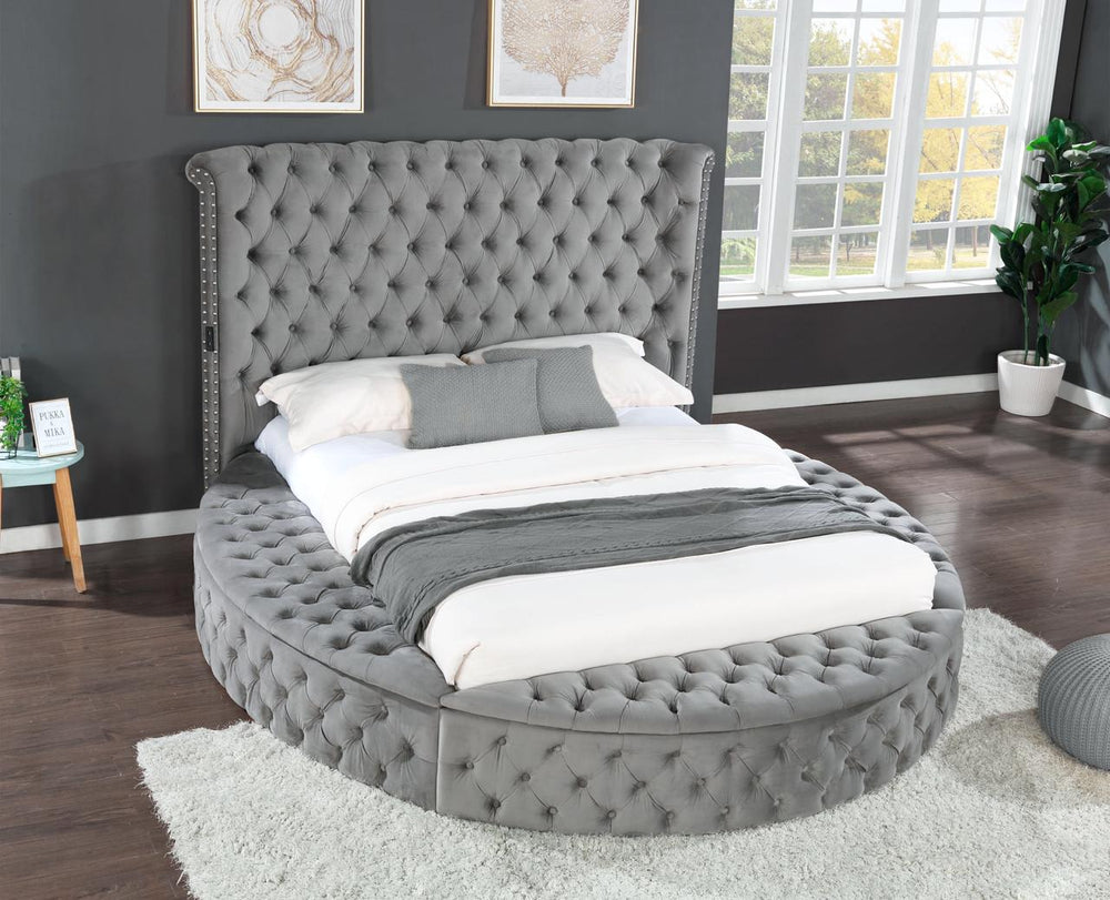 English Elm Hazel Queen Tufted Velvet Storage Bed with USB, Bluetooth Speakers, Nailhead Accents, Gray Finish B009S01911