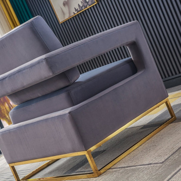 English Elm Modern Velvet Accent Chair Sculptural Curved Seat with Gold Stainless Steel Base W124153864