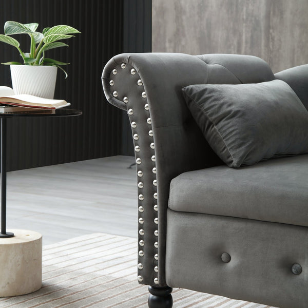 English Elm Aijia Velvet Tufted Storage Chaise Lounge with Nailhead Trim & Solid Wood Legs, Soft Upholstery Grey W111749337