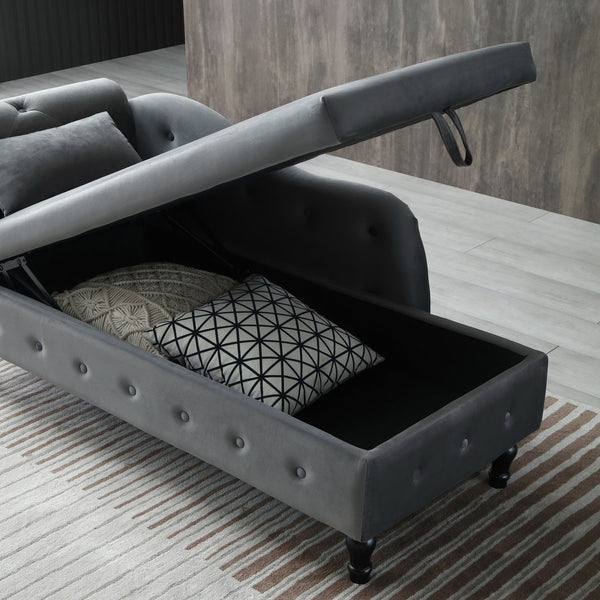 English Elm Aijia Velvet Tufted Storage Chaise Lounge with Nailhead Trim & Solid Wood Legs, Soft Upholstery Grey W111749337