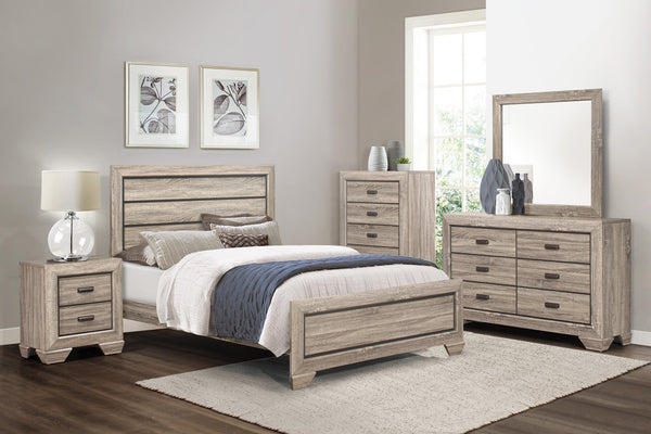 English Elm Natural Queen Bed with Raised Panel Headboard, Rustic-Modern Faux-Wood Veneer, Dark Under-Panel Accent, Easy Assembly Natural 61 L x 32.25 W x 5 H B011S00148