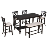 Hearth and Haven William 6 Piece Counter Height Dining Table Set Table with Shelf 4 Chairs and Bench, Espresso