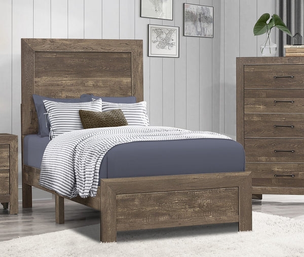 English Elm Rustic Twin Panel Bed with Rustic Brown Embossed Faux-Wood Veneer, Headboard & Footboard Full Set B01154136