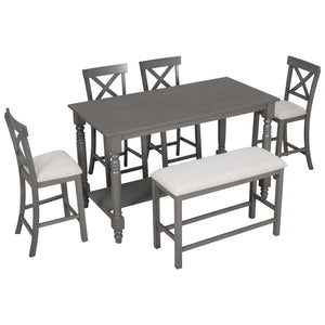 Hearth and Haven William 6 Piece Counter Height Dining Table Set Table with Shelf 4 Chairs and Bench, Grey