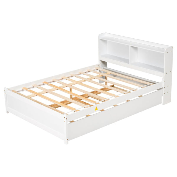 English Elm Full Bed with Pull Out Trundle and Bookcase Headboard for Kids or Guest Rooms White W504P396552