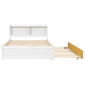 English Elm Full Bed with Pull Out Trundle and Bookcase Headboard for Kids or Guest Rooms White W504P396552