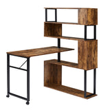 English Elm Home Office Computer Desk L-Shaped Corner Table, Rotating Computer Table With 5-Tier Bookshelf, Four Installation Methods, Lockable Casters (Tiger)