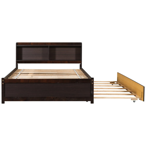 English Elm Full Bed with Pull Out Trundle and Bookcase Headboard for Kids or Guest Rooms Espresso W504P396574