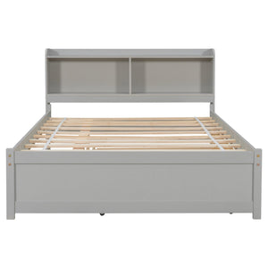 English Elm Full Bed with Trundle and Bookcase Headboard — Space-Saving Full-Size Platform Bed with Storage Shelves and Underbed Drawer Grey W50446123