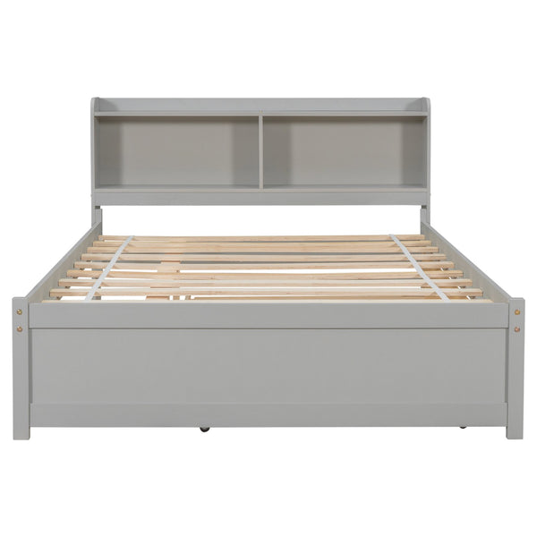 English Elm Full Bed with Trundle and Bookcase Headboard — Space-Saving Full-Size Platform Bed with Storage Shelves and Underbed Drawer Grey W50446123