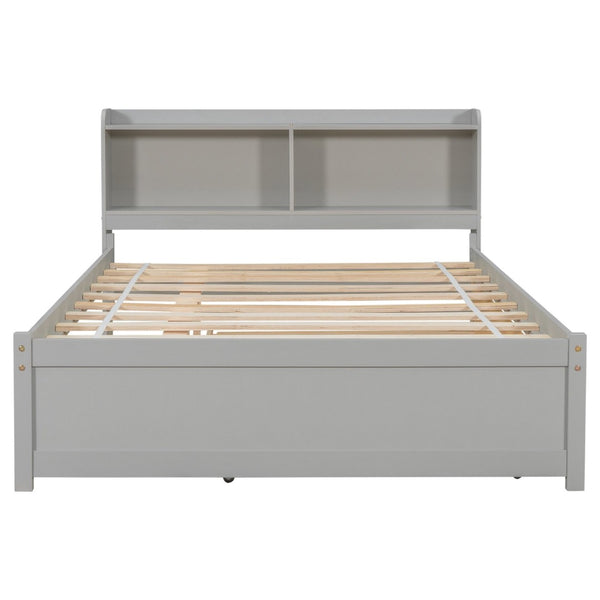 English Elm Full Bed with Pull Out Trundle and Bookcase Headboard for Kids or Guest Rooms Grey W504P396551