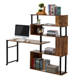 English Elm Home Office Computer Desk L-Shaped Corner Table, Rotating Computer Table With 5-Tier Bookshelf, Four Installation Methods, Lockable Casters (Tiger)