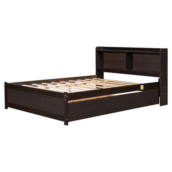 English Elm Full Bed with Pull Out Trundle and Bookcase Headboard for Kids or Guest Rooms Espresso W504P396574