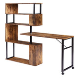 English Elm Home Office Computer Desk L-Shaped Corner Table, Rotating Computer Table With 5-Tier Bookshelf, Four Installation Methods, Lockable Casters (Tiger)