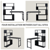 English Elm Home Office Computer Desk L-Shaped Corner Table, Rotating Computer Table With 5-Tier Bookshelf, Four Installation Methods, Lockable Casters (Black)