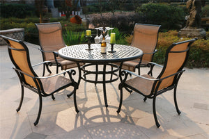 English Elm Round 4-Person 51.9" Long Aluminum Dining Set Antique Bronze 5-Piece Sling Chairs Lattice Patio Durable Weather-Resistant Elegance B010S00166