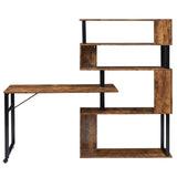 English Elm Home Office Computer Desk L-Shaped Corner Table, Rotating Computer Table With 5-Tier Bookshelf, Four Installation Methods, Lockable Casters (Tiger)