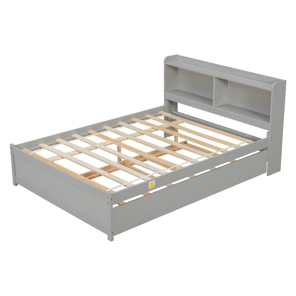 English Elm Full Bed with Trundle and Bookcase Headboard — Space-Saving Full-Size Platform Bed with Storage Shelves and Underbed Drawer Grey W50446123