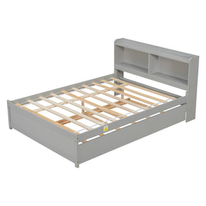 English Elm Full Bed with Pull Out Trundle and Bookcase Headboard for Kids or Guest Rooms Grey W504P396551