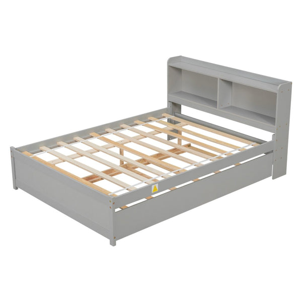 English Elm Full Bed with Pull Out Trundle and Bookcase Headboard for Kids or Guest Rooms Grey W504P396551