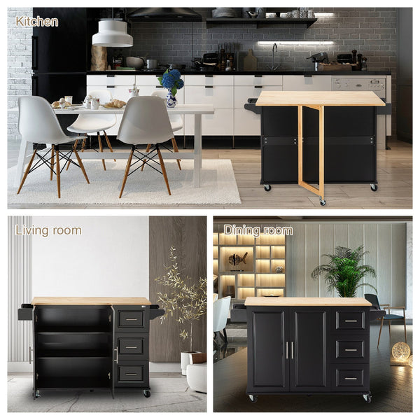 English Elm Kitchen Island & Cart - Mobile Rubber Wood Workstation With Ample Storage, Spice Rack & Towel Holder W420S00004