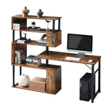 English Elm Home Office Computer Desk L-Shaped Corner Table, Rotating Computer Table With 5-Tier Bookshelf, Four Installation Methods, Lockable Casters (Tiger)