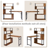 English Elm Home Office Computer Desk L-Shaped Corner Table, Rotating Computer Table With 5-Tier Bookshelf, Four Installation Methods, Lockable Casters (Tiger)